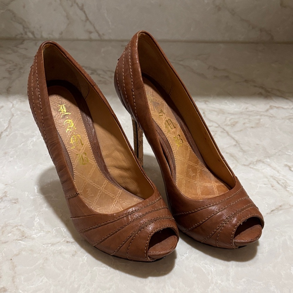 L.A.M.B. Brown Peep-Toe Heels